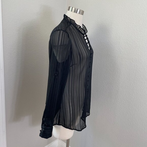 NEW Express Portofino Shirt Womens Large Slim Fit Black Sheer Ruffle Neck Blouse - Picture 3 of 11